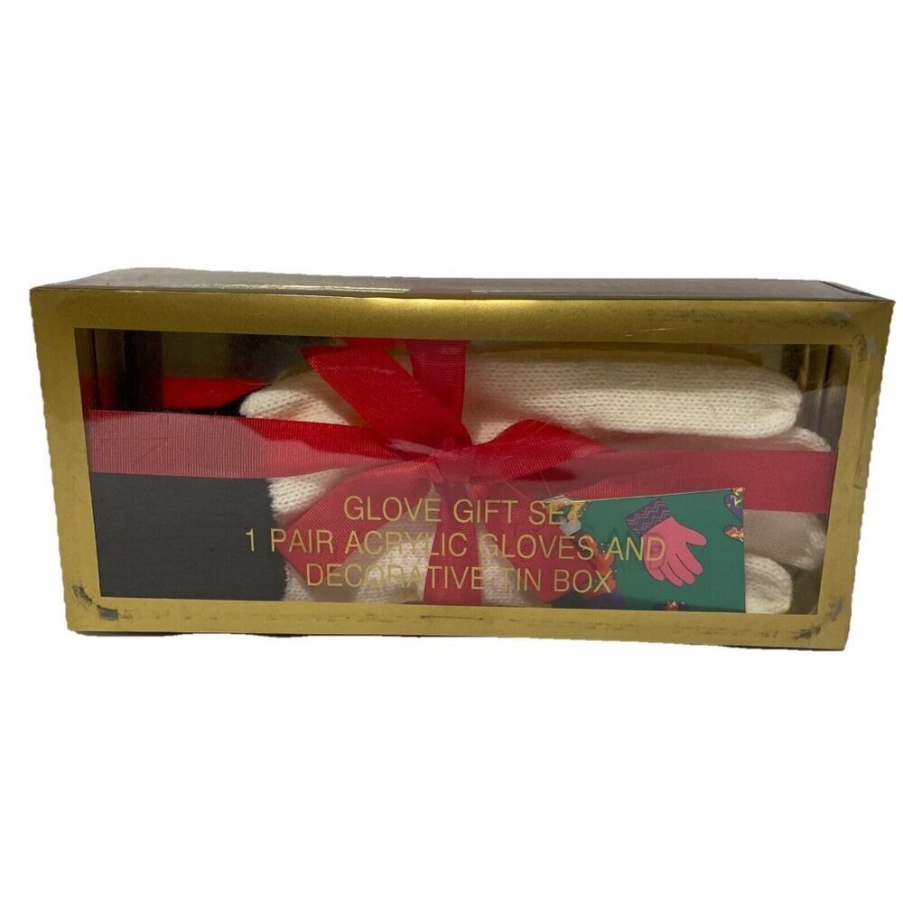 Vintage Kmart Acrylic Glove Gift Set Decorative Tin Box White Black OOAK NEW!